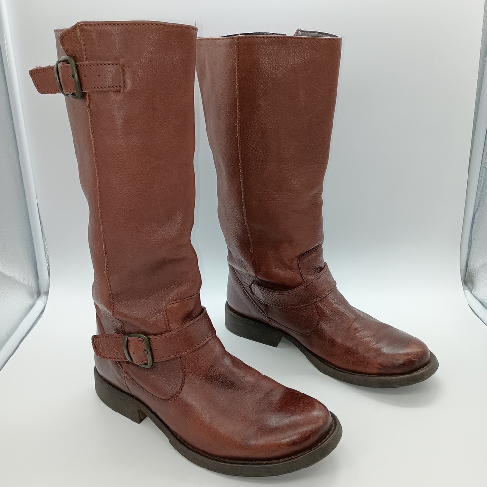 Steve Madden Frencchh Brown Leather Tall Moto Buckle Boots Womens 10 M Cognac